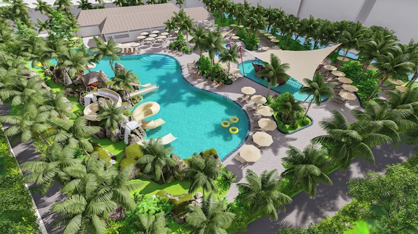 4 outdoor pools, open 7:00 AM to 7:00 PM, free pool cabanas