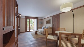A spacious room with a wooden floor, a sofa, a dining table with chairs, a lamp, and a door leading to an outdoor area. - Paradisus by Meliá Bali (Nusa Dua)