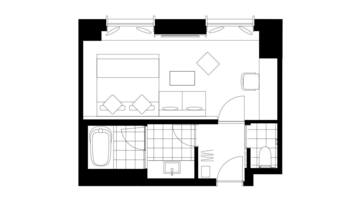 A floor plan of a hotel room with a large bed, a desk, a chair, a small table, a sofa, a TV, a bathroom with a bathtub, a toilet, and a sink.