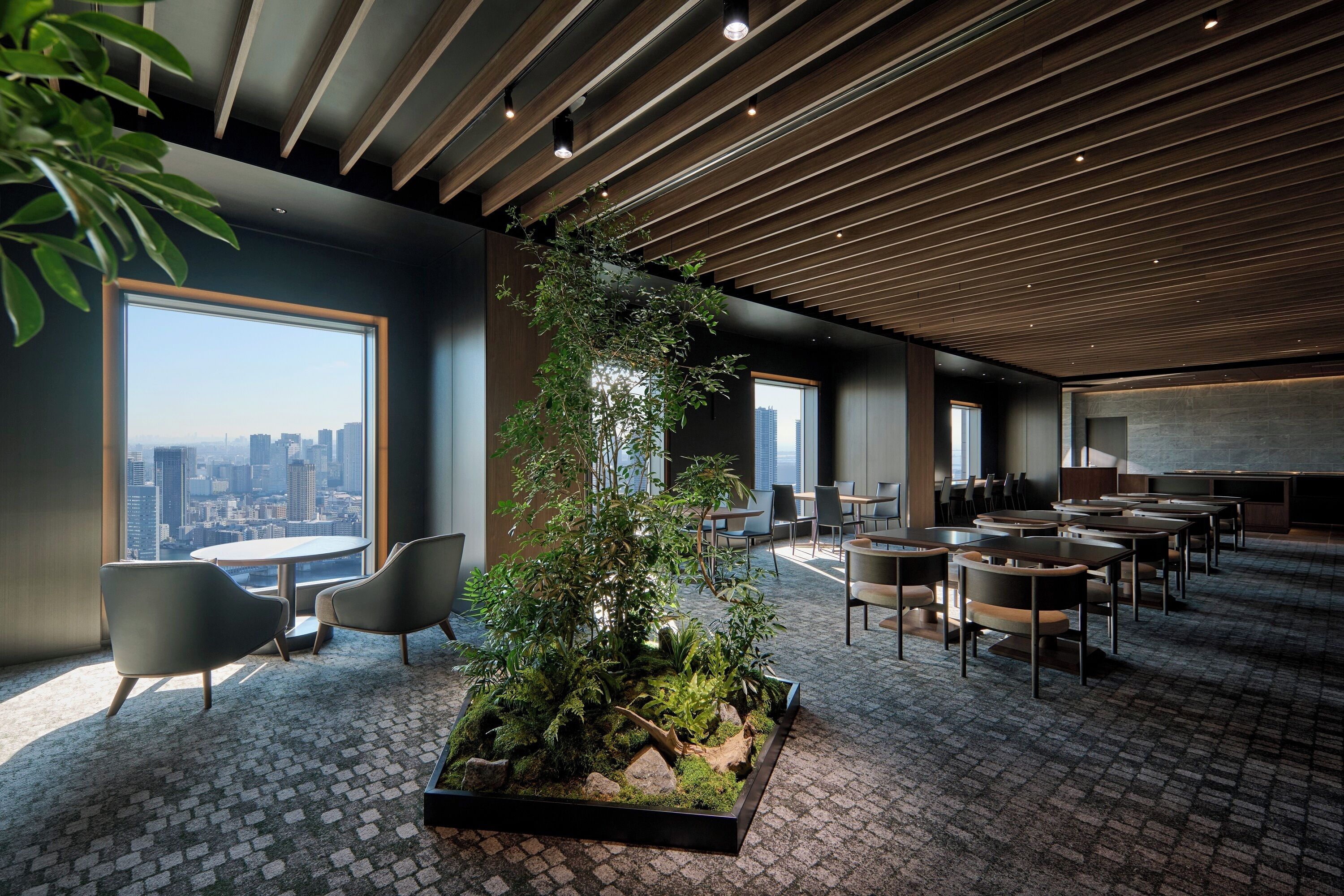 A modern office space with a large window offering a city view, a central indoor plant, and multiple seating areas.
