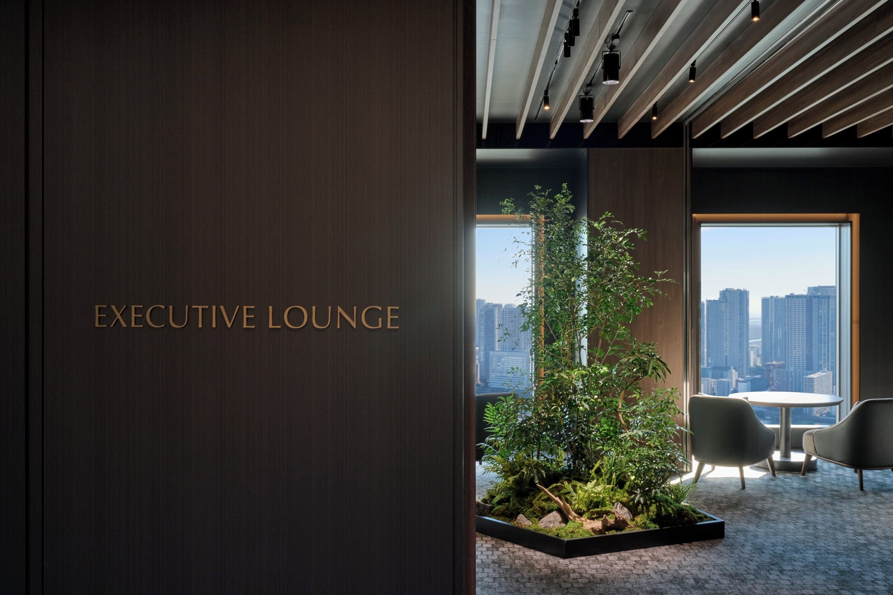 Un salón ejecutivo con vista a la ciudad, un ventanal grande y una planta en el centro.