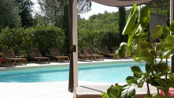 Outdoor pool, a rooftop pool, sun loungers