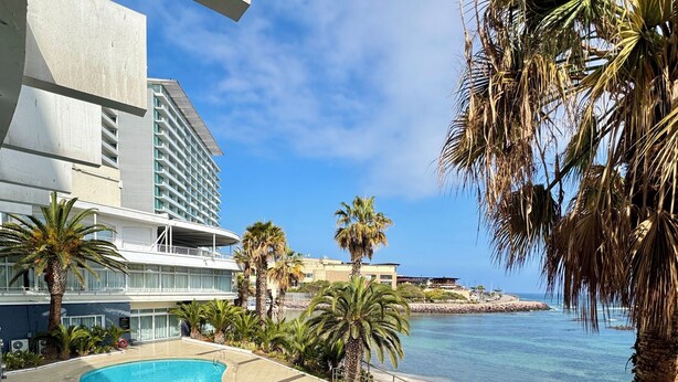 Una piscina de borde curvo, rodeada de palmeras y vista a la playa.