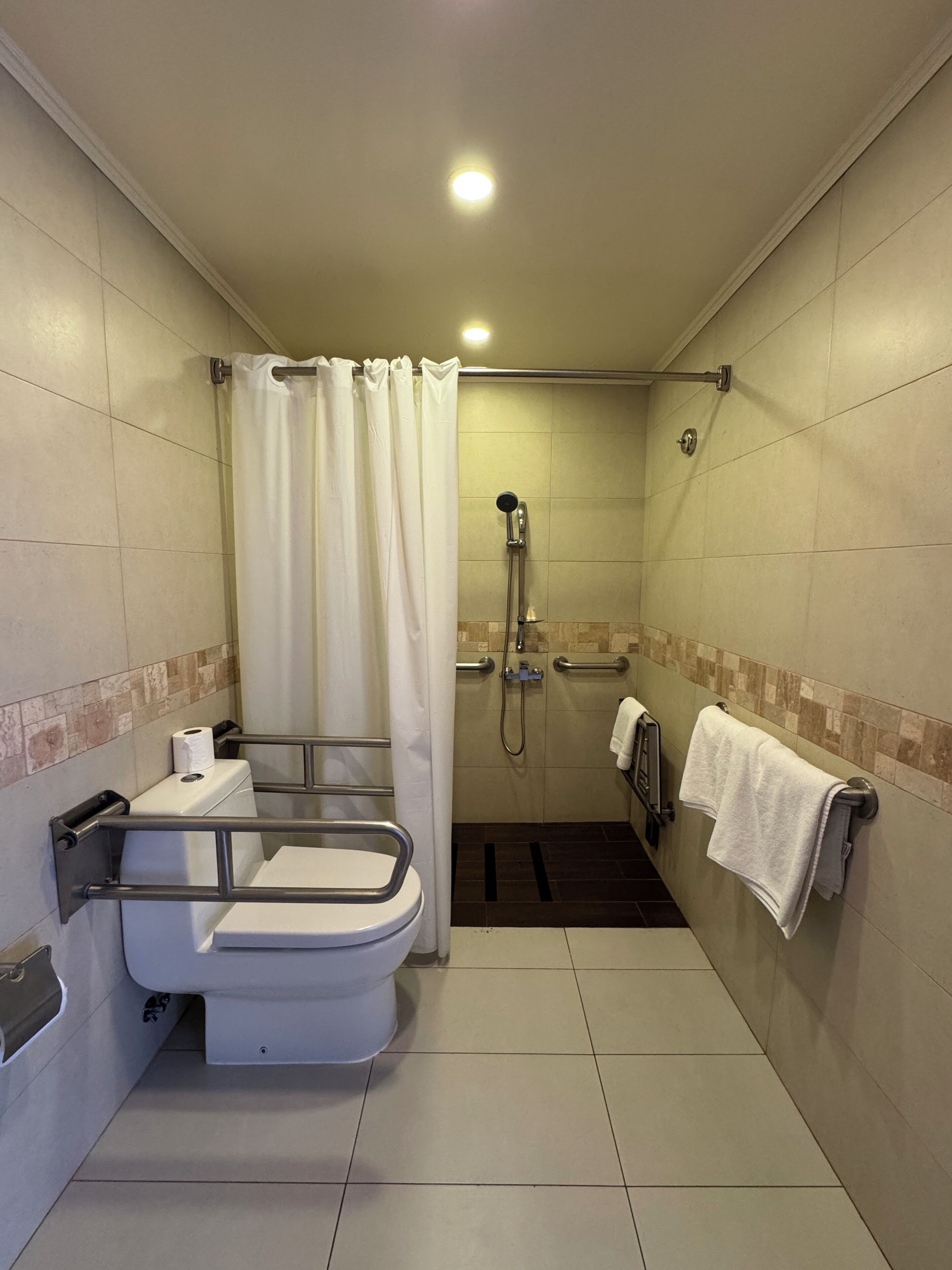Baño accesible en silla de ruedas con ducha, inodoro y barras de apoyo.