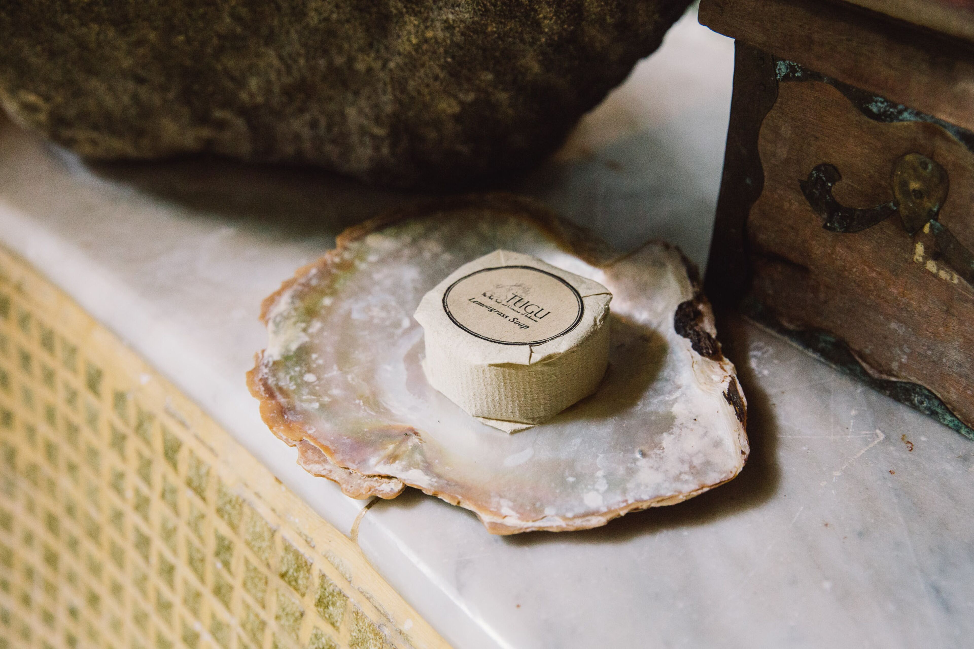 A small, round, beige object with text on it placed on an oyster shell.