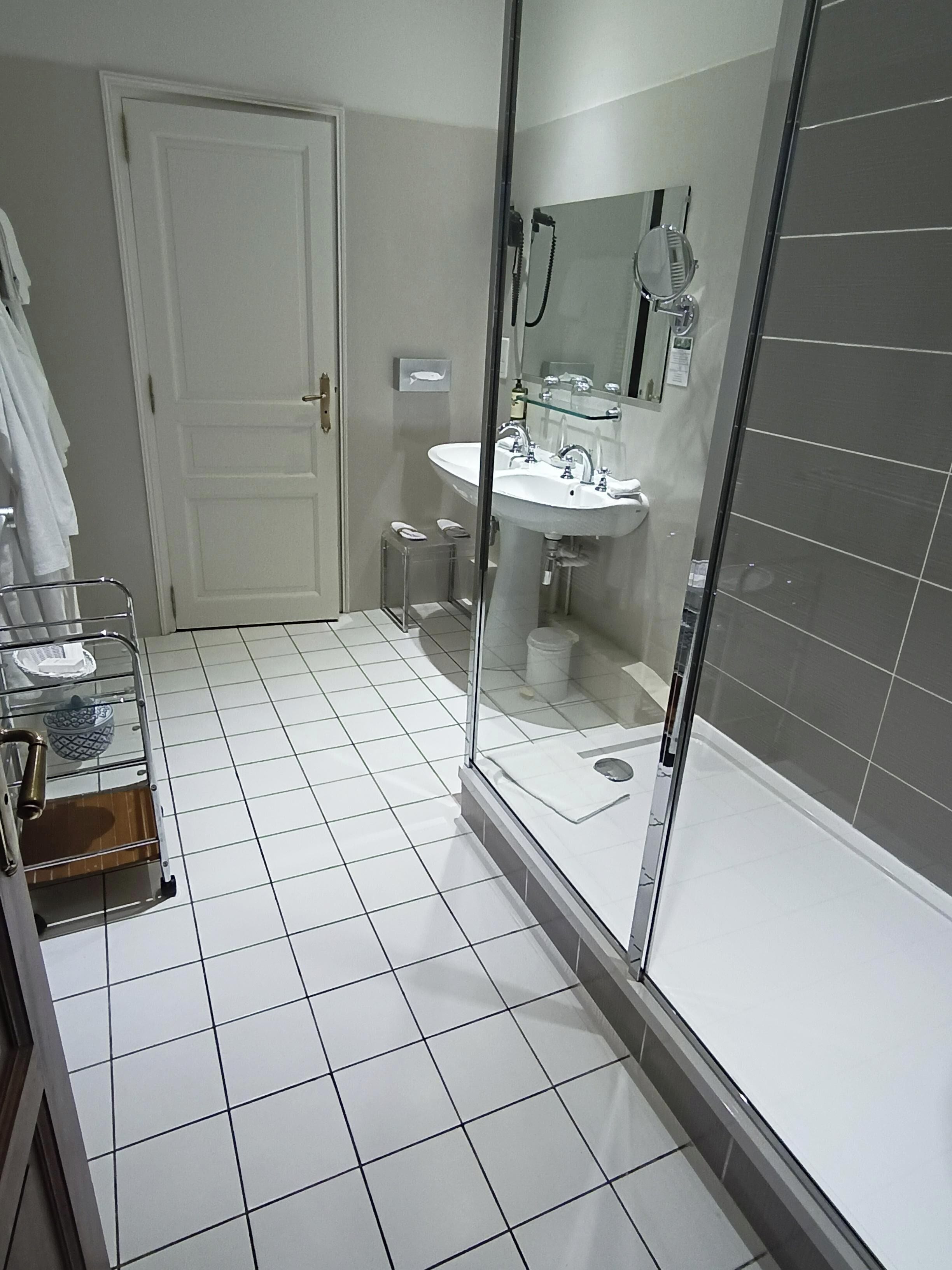 A bathroom with a glass shower enclosure, a sink, and a toilet.