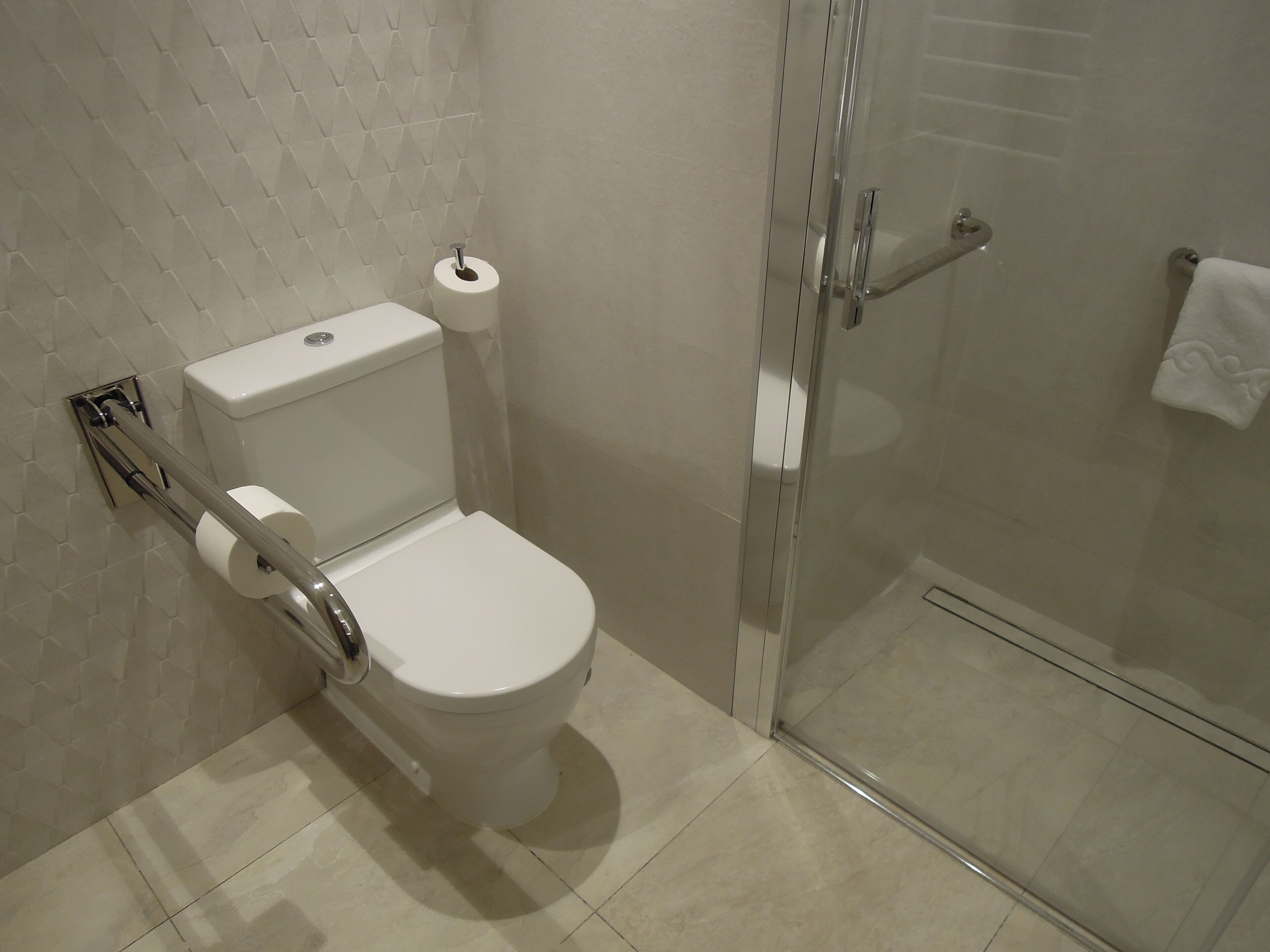 A bathroom with a toilet, a shower, and a towel rack.