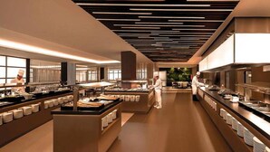 A modern, well-lit buffet area with multiple serving stations and a clean, organized layout. - Don Pancho (Benidorm)