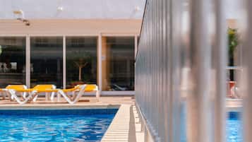 Indoor pool, outdoor pool, sun loungers