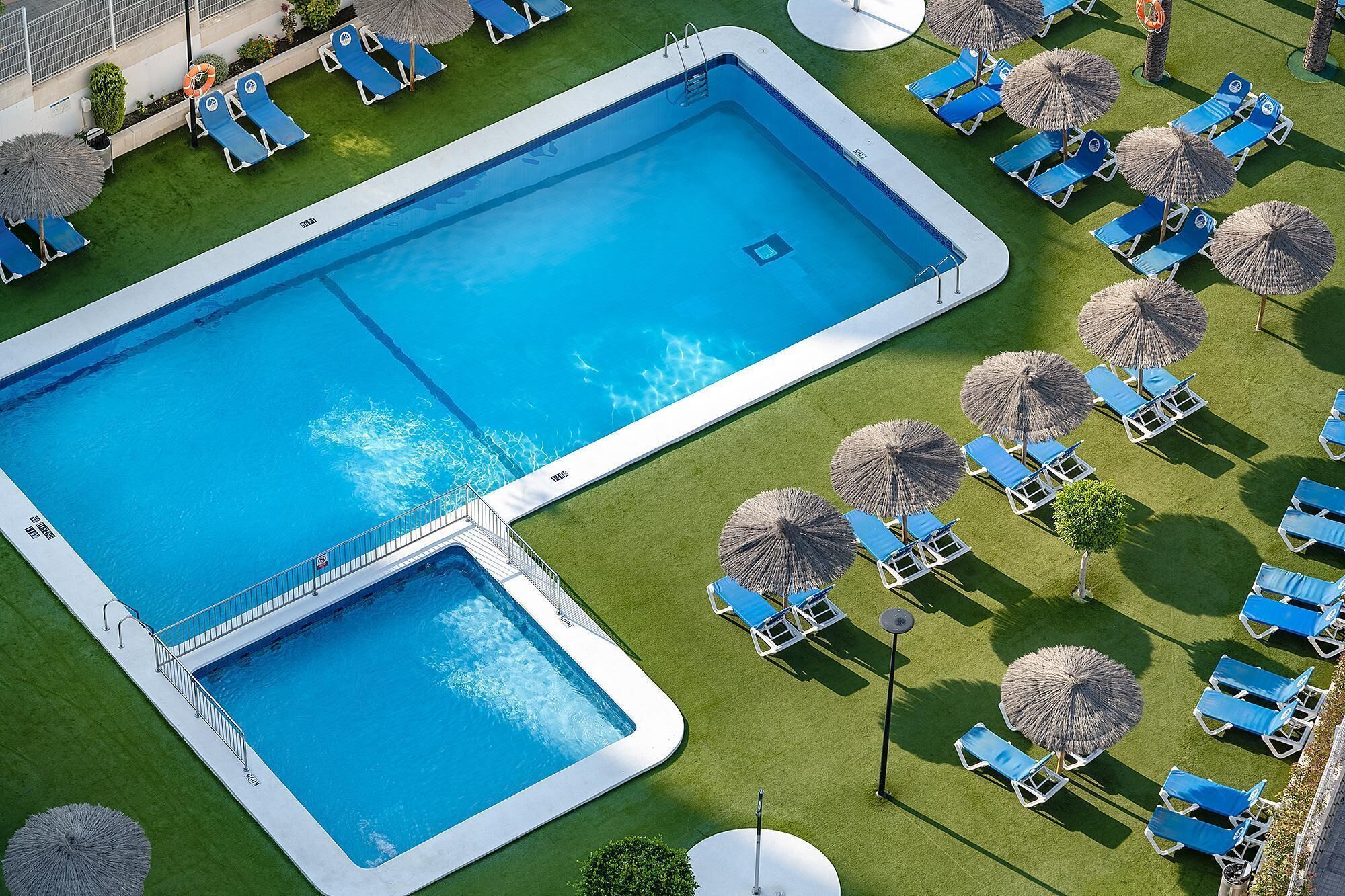 Una gran piscina rectangular con un trampolín, rodeada de sillas reclinables azules y sombrillas de paja sobre un césped cuidado.