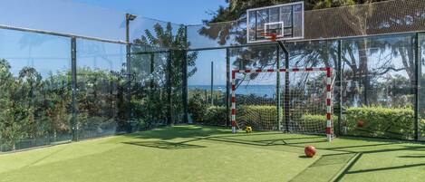 Una cancha deportiva con un arco, red y césped artificial.