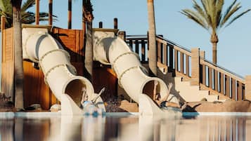 A water slide with two parallel tubes, wooden railings, and palm trees in the background.