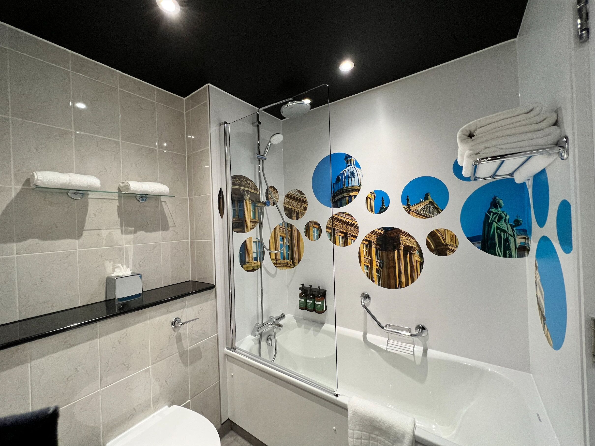 combined shower/bathtub, free toiletries, hair dryer, towels