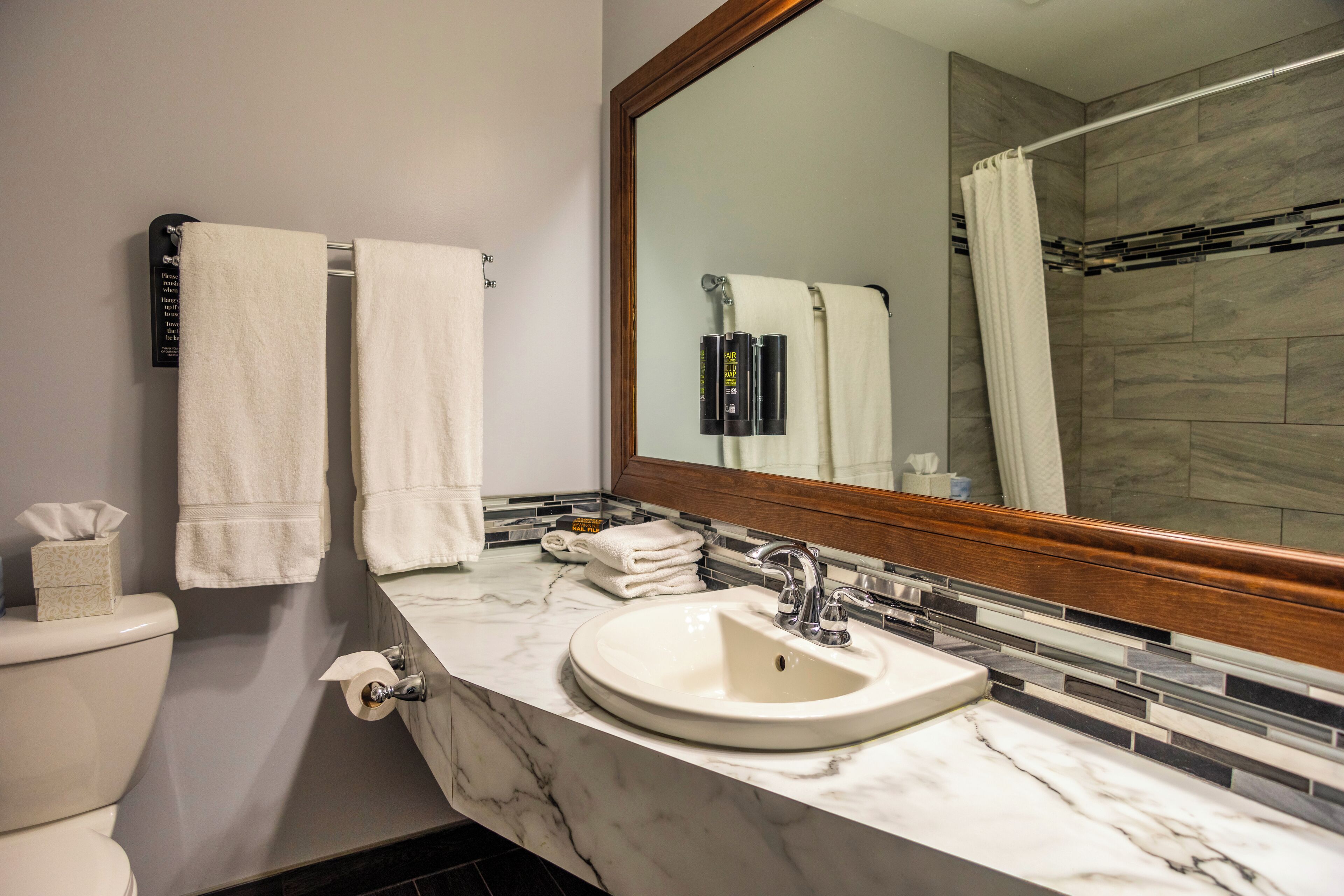 combined shower/bathtub, eco-friendly toiletries, hair dryer, bathrobes