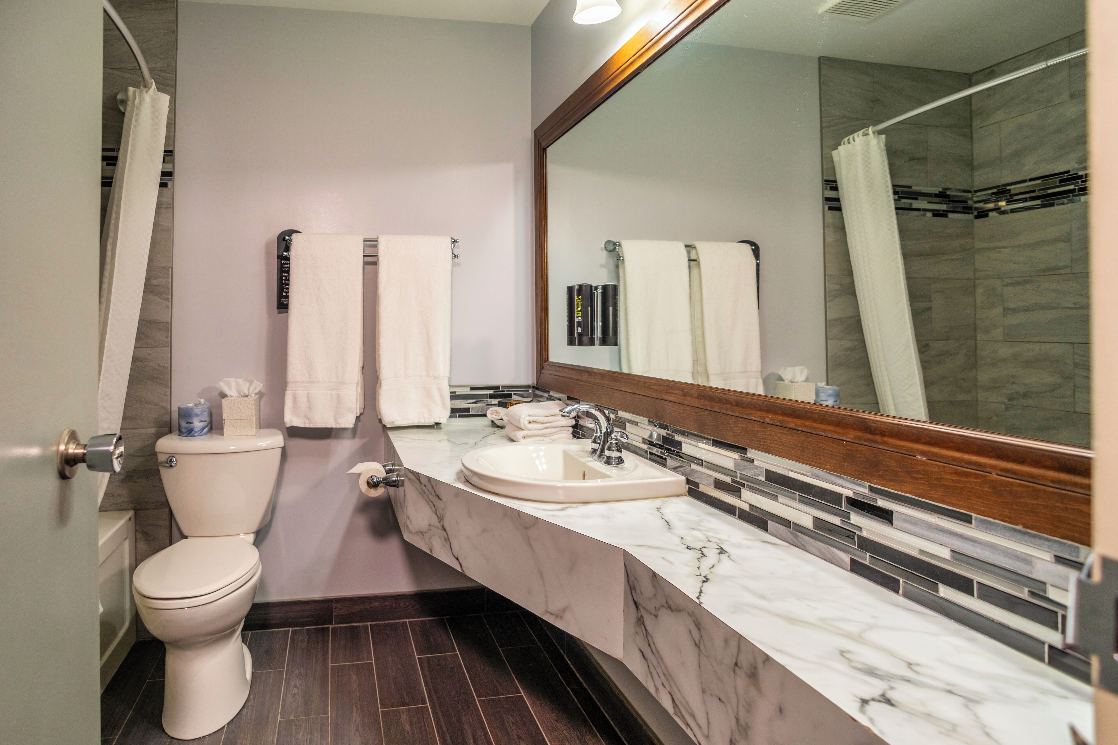 combined shower/bathtub, eco-friendly toiletries, hair dryer, bathrobes