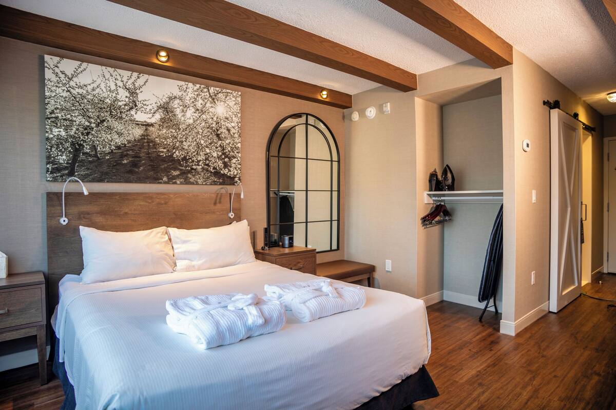 Una habitación de hotel con una cama grande, un cabecero de madera, un espejo y un armario.
