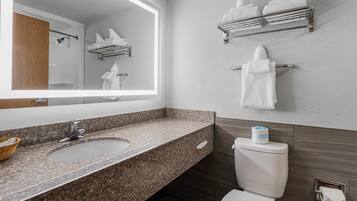 Combined shower/tub, hydromassage showerhead, hair dryer, towels