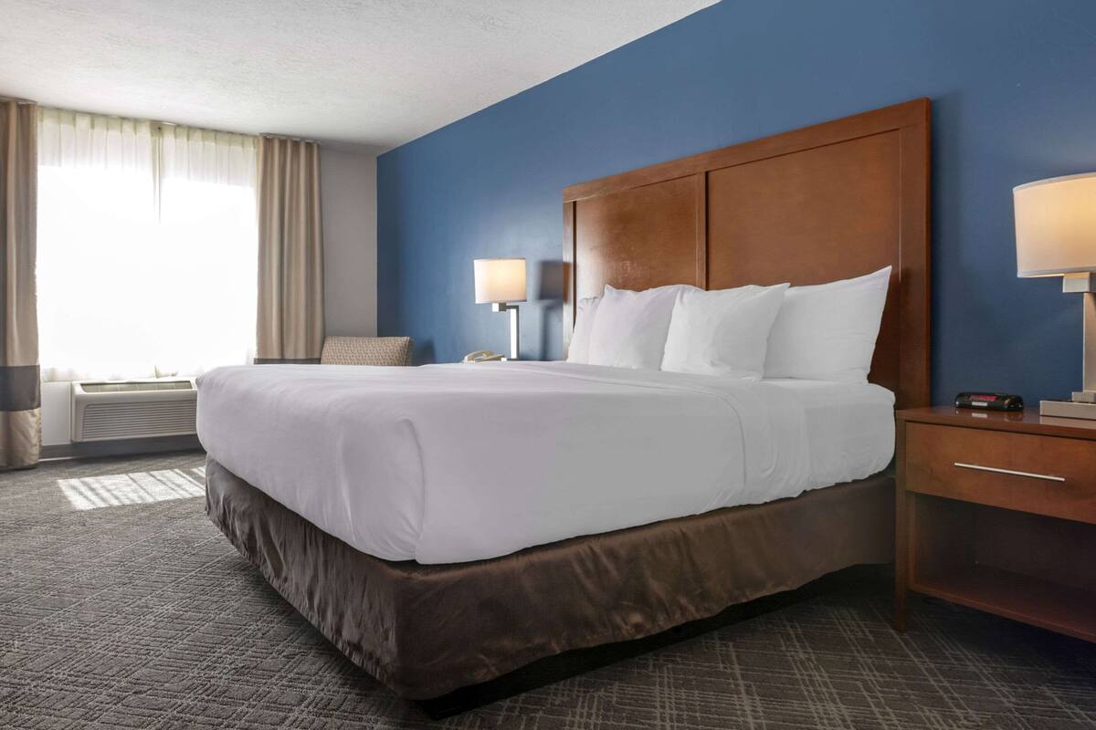 A hotel room with a large bed, a bedside table with a lamp, and a chair.