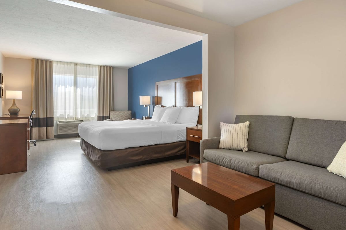 A hotel room with a bed, a sofa, a desk, and a lamp.