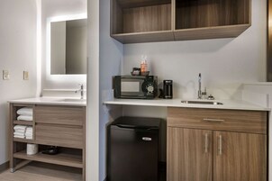 Desk, blackout drapes, soundproofing, iron/ironing board