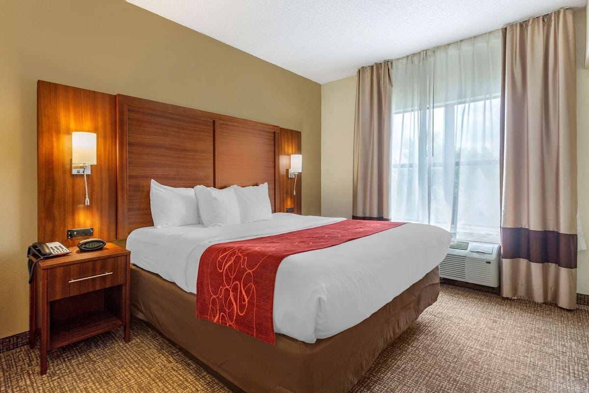 A hotel room with a large bed, a bedside table with a phone, a lamp, and a window with curtains.