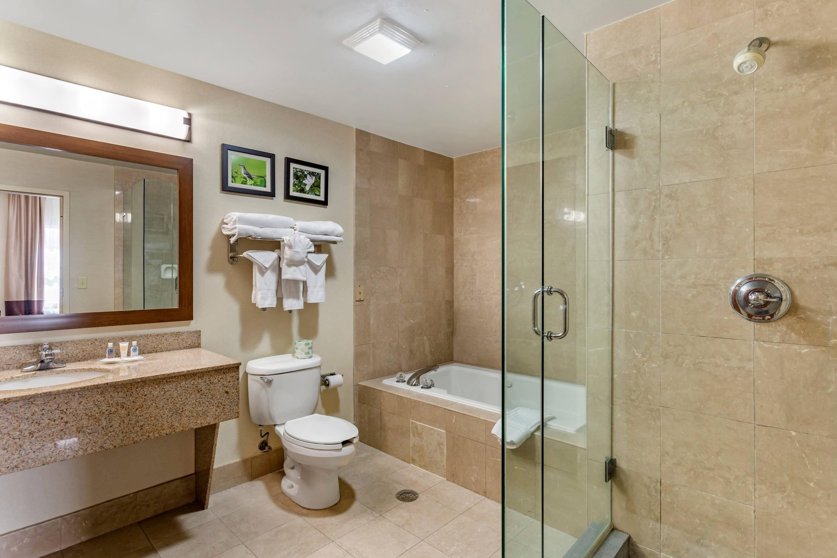 Un baño moderno con ducha envuelta en vidrio, inodoro y bañera.