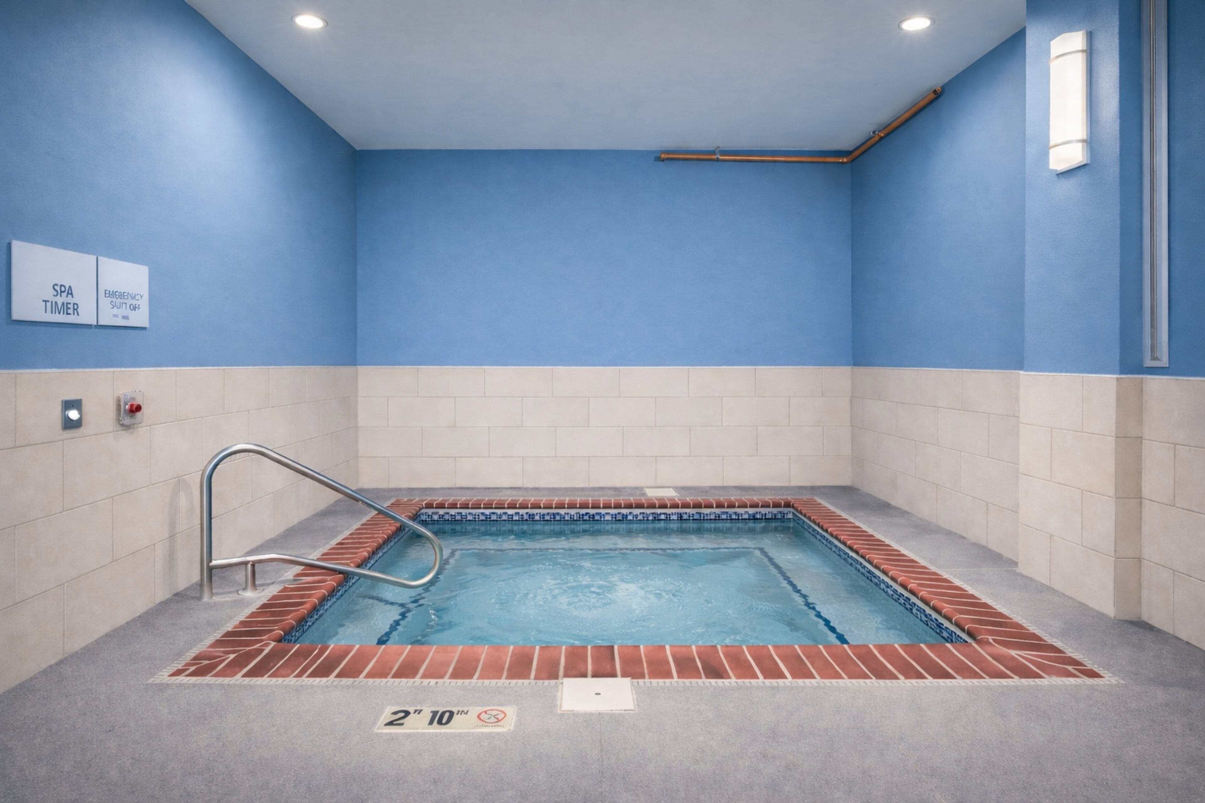 Un espace spa comprenant une piscine, un porte-serviettes et un panneau indiquant la durée d’utilisation du spa et la procédure à suivre en cas d’urgence pour se débarrasser rapidement de son équipement.