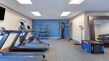 A gym with treadmills, a weight bench, a squat rack, and dumbbells.
