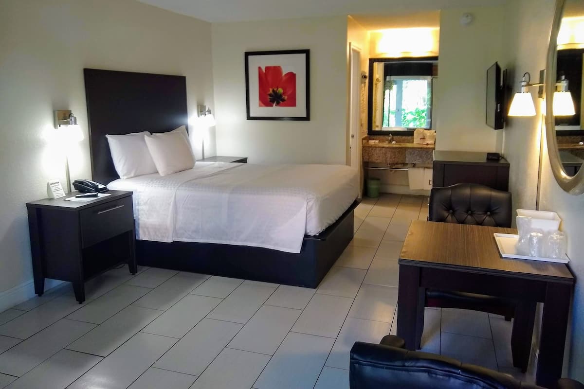 A hotel room with a bed, a bedside table with a lamp, a desk with a chair, a bathroom with a sink and mirror, and a framed picture on the wall.