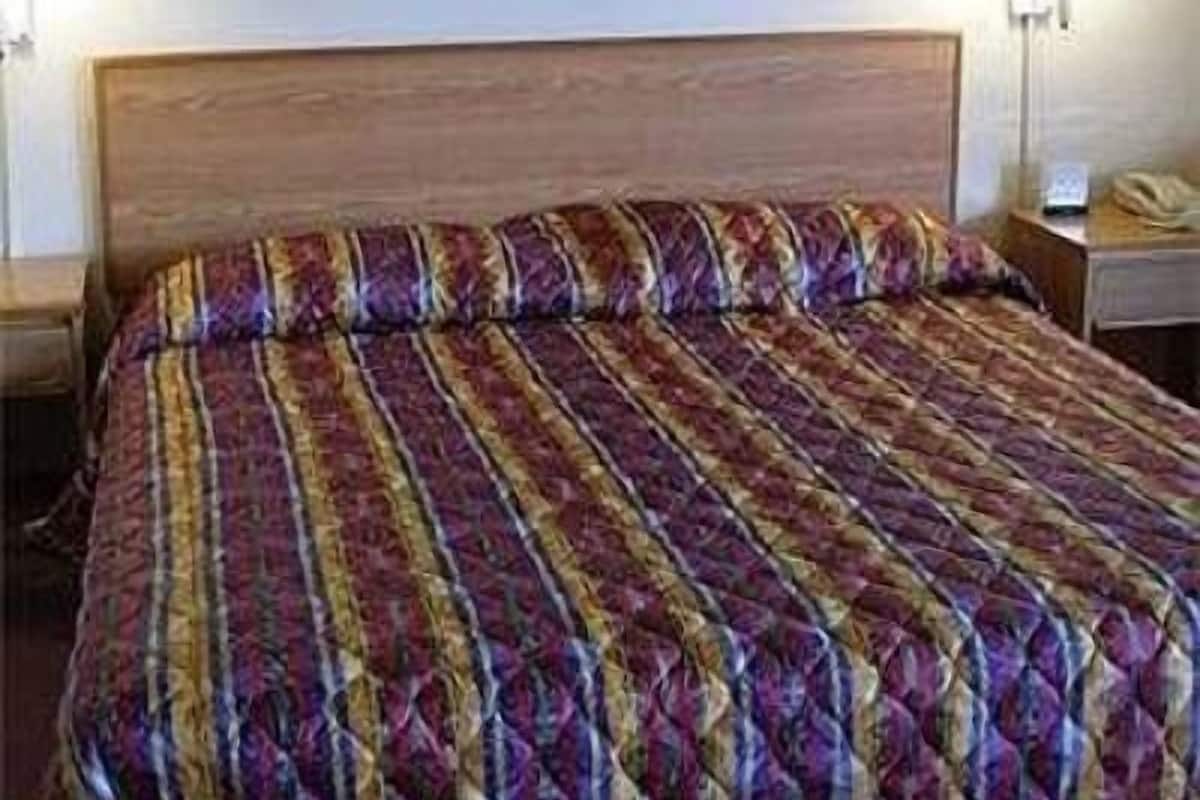 A hotel room with a wooden headboard, a patterned bedspread, a painting on the wall, and a bedside lamp.