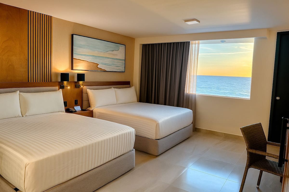 Een hotelkamer met twee bedden, een groot raam met uitzicht op zee, een schilderij aan de muur en een stoel.