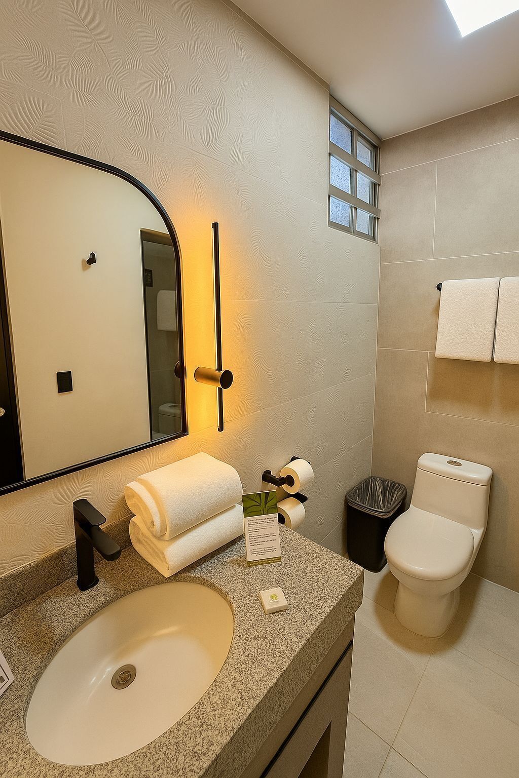 Une salle de bain équipée d’un lavabo, d’un miroir, d’un porte-serviettes, de toilettes et d’une poubelle.