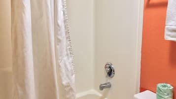 Combined shower/tub, hair dryer, towels, soap