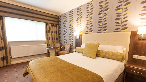 A hotel room with a large bed, a bedside table with a lamp, a chair, and a window with curtains.