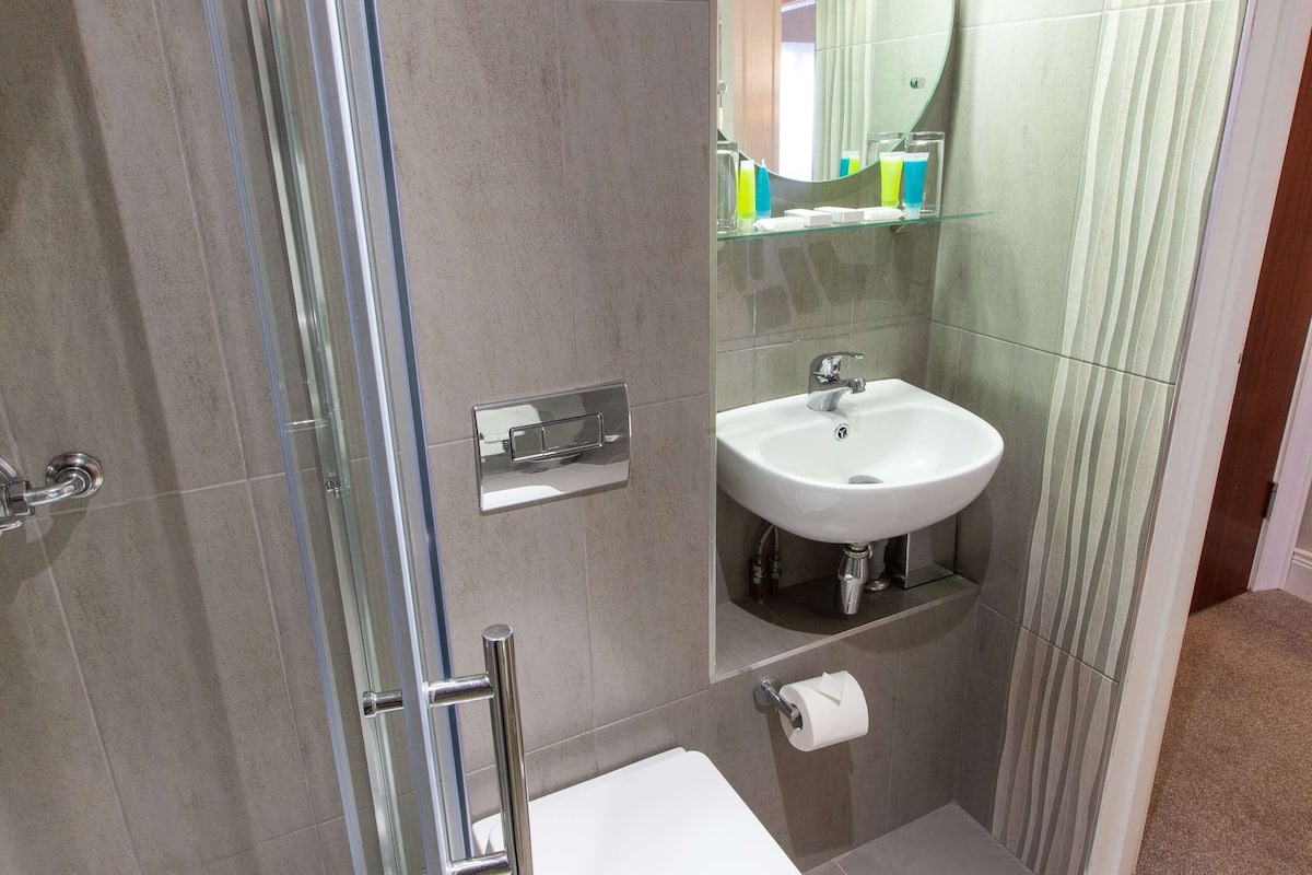 combined shower/bathtub, free toiletries, hair dryer, towels