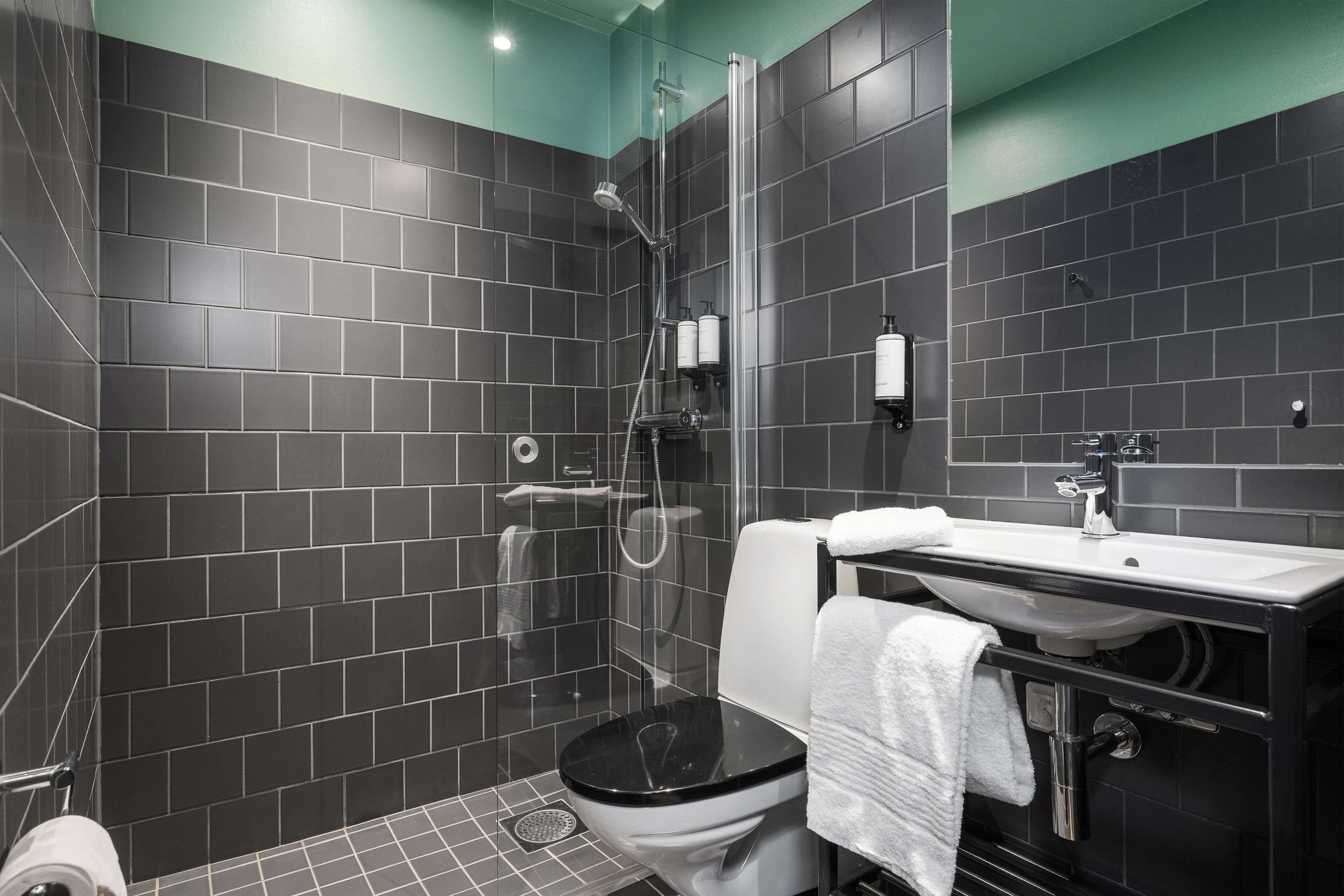 A modern bathroom with a glass-enclosed shower, a white toilet, and a black sink.