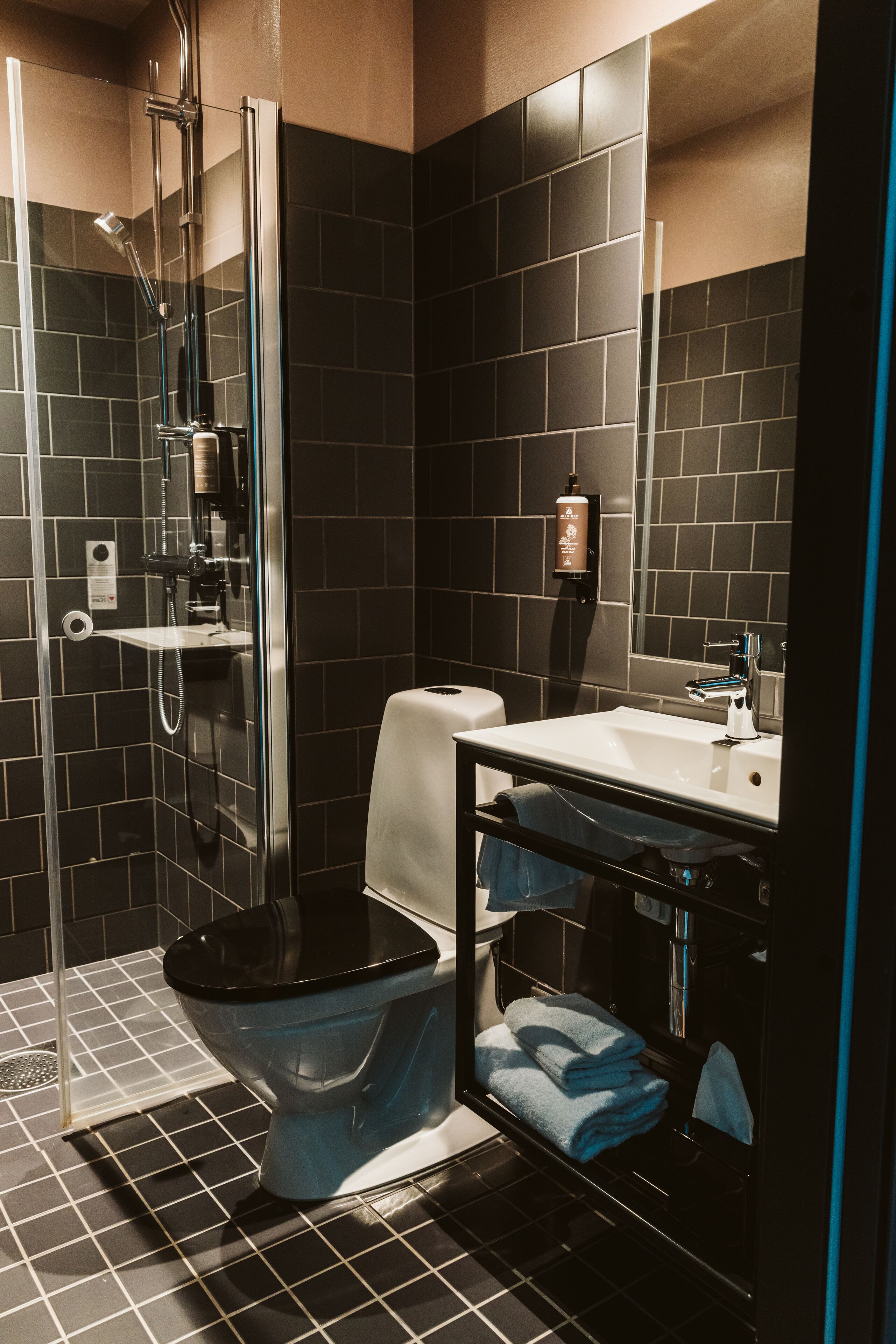 A modern bathroom with a glass-enclosed shower, a white sink, and a toilet.