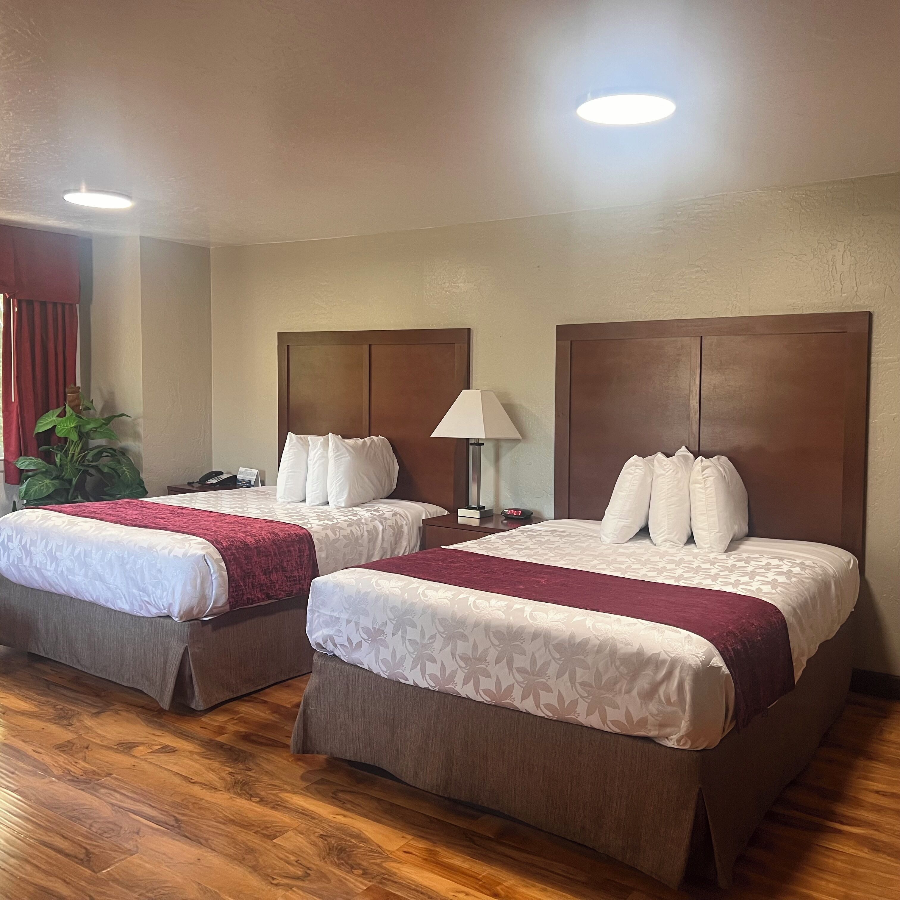 A hotel room with two beds, a nightstand, a lamp, and a potted plant.