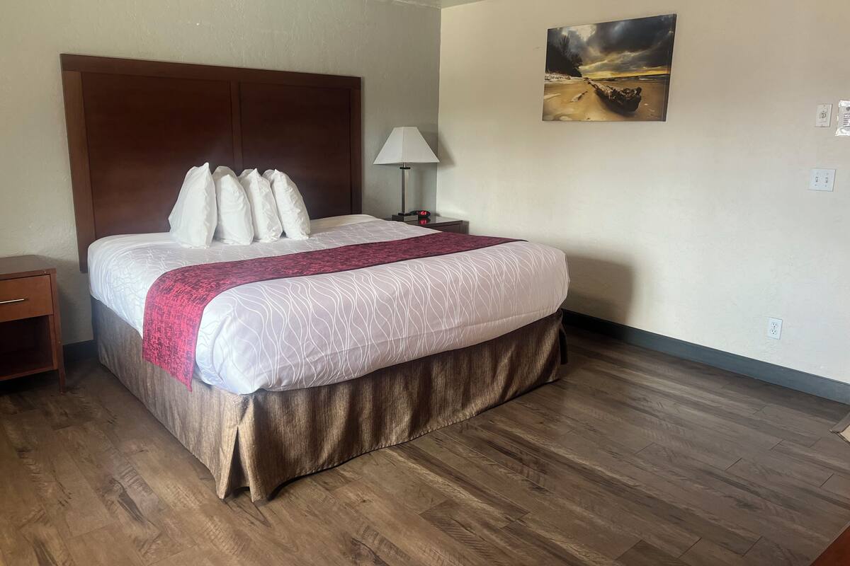 Une chambre d’hôtel avec un grand lit, une tête de lit en bois, une table de chevet avec une lampe et un tableau au mur.