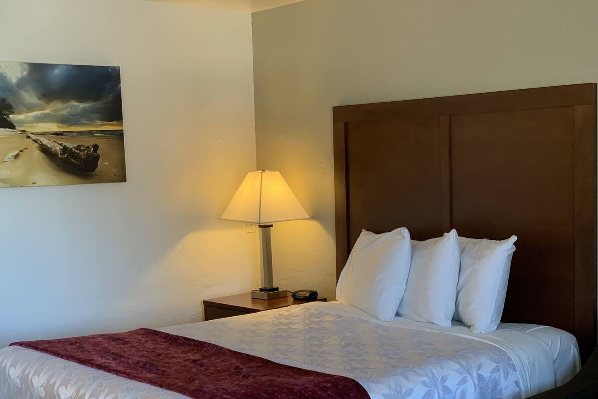 Une chambre d’hôtel avec un grand lit, une tête de lit en bois, une table de chevet avec une lampe et un tableau au mur.