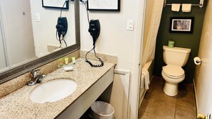 A bathroom with a sink, mirror, hairdryer, and toilet. - Red Carpet Inn Duncannon (Duncannon)