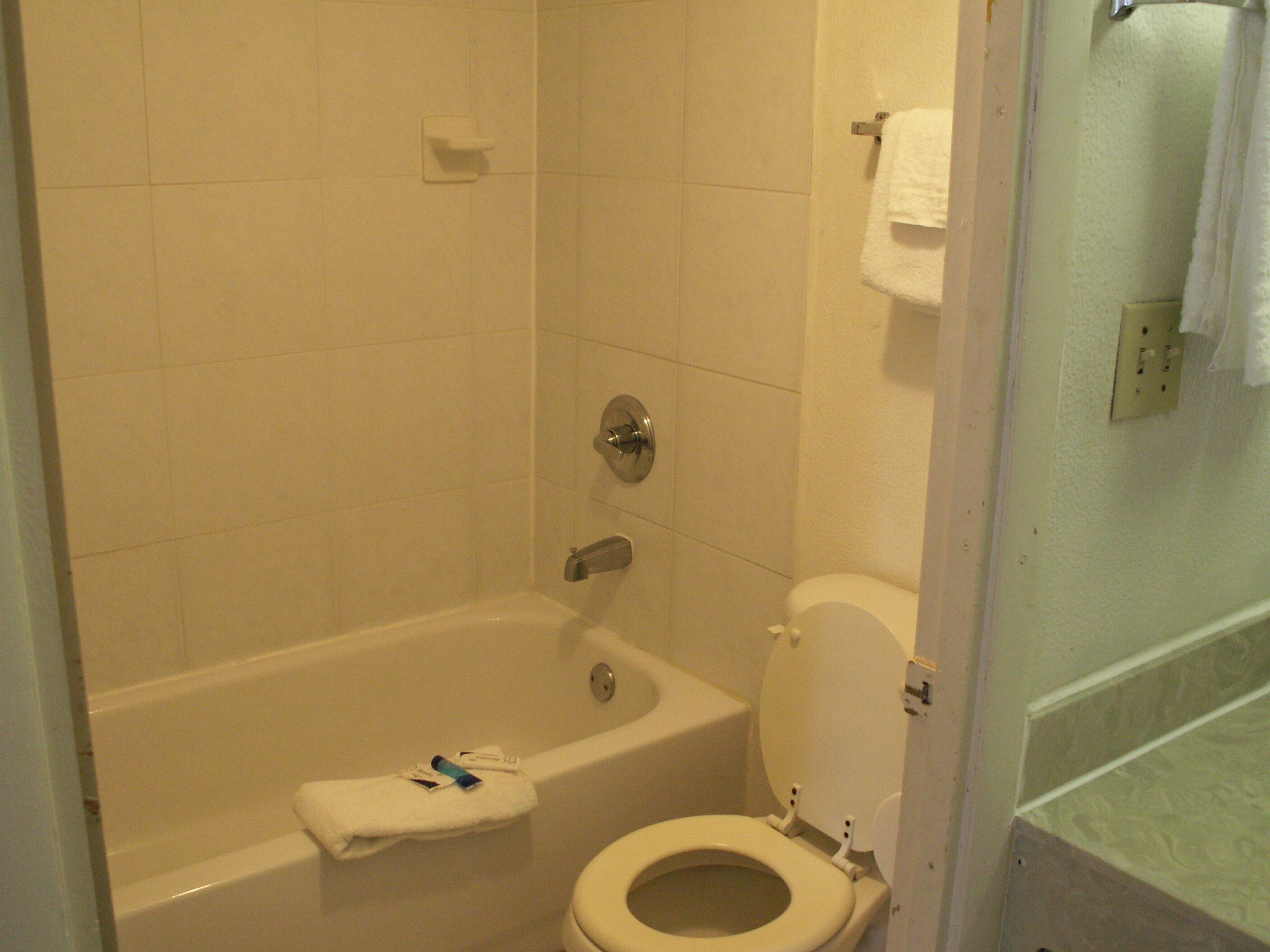 Bañera con ducha, secador de pelo, toallas