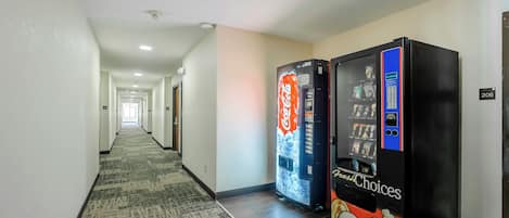 A hotel hallway with a carpeted floor, two vending machines, and a door with the number 206.