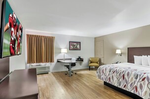 A hotel room with a bed, desk, chair, TV, and a framed picture on the wall.