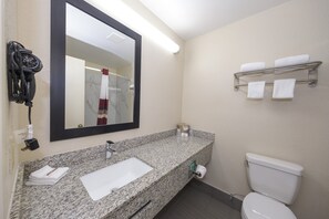 Combined shower/bathtub, free toiletries, hair dryer, towels