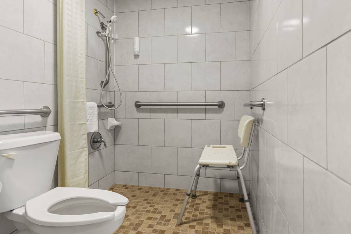 A bathroom with a toilet, shower, and grab bars.