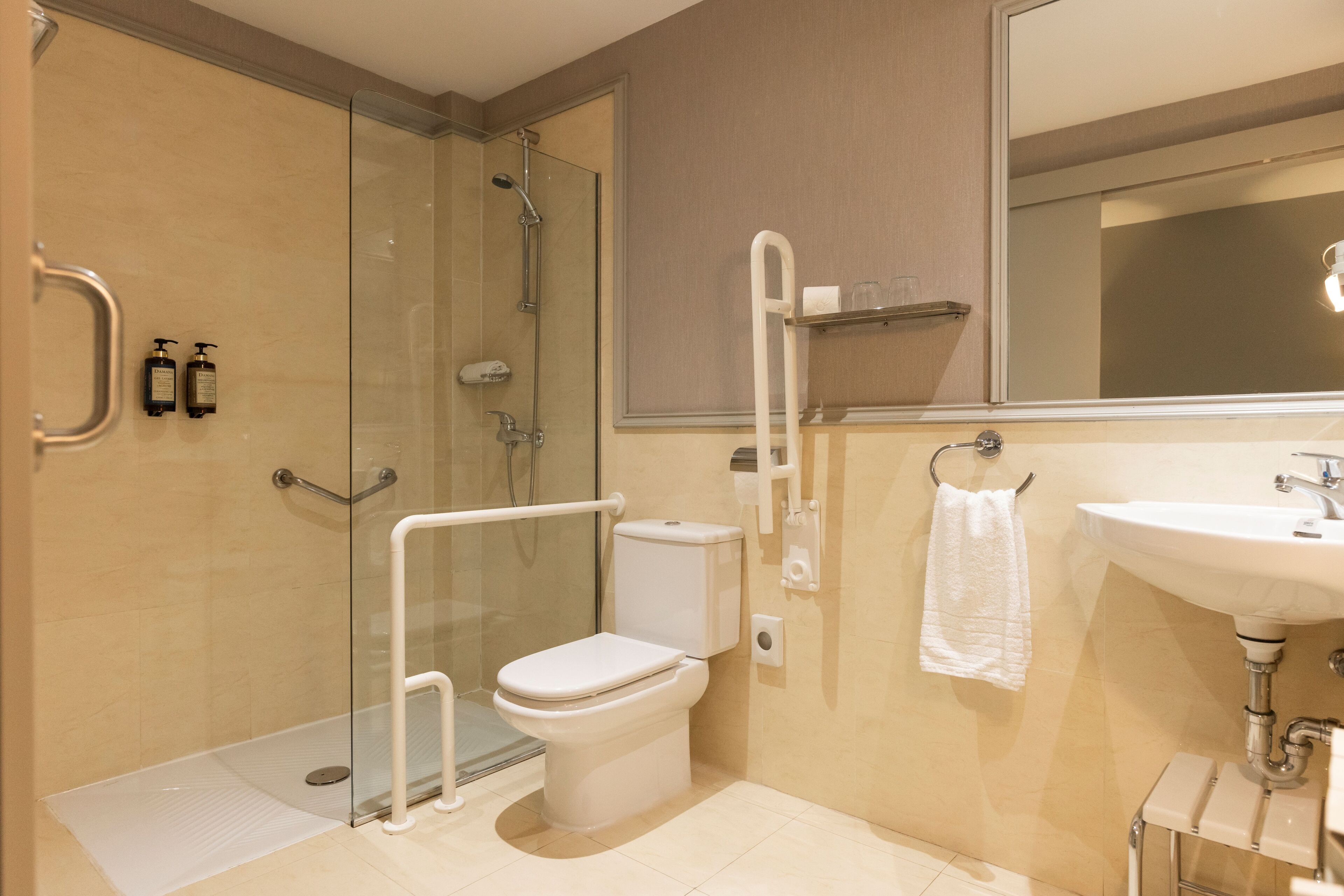 A modern bathroom with a glass-enclosed shower, a white toilet, a sink, and a mirror.