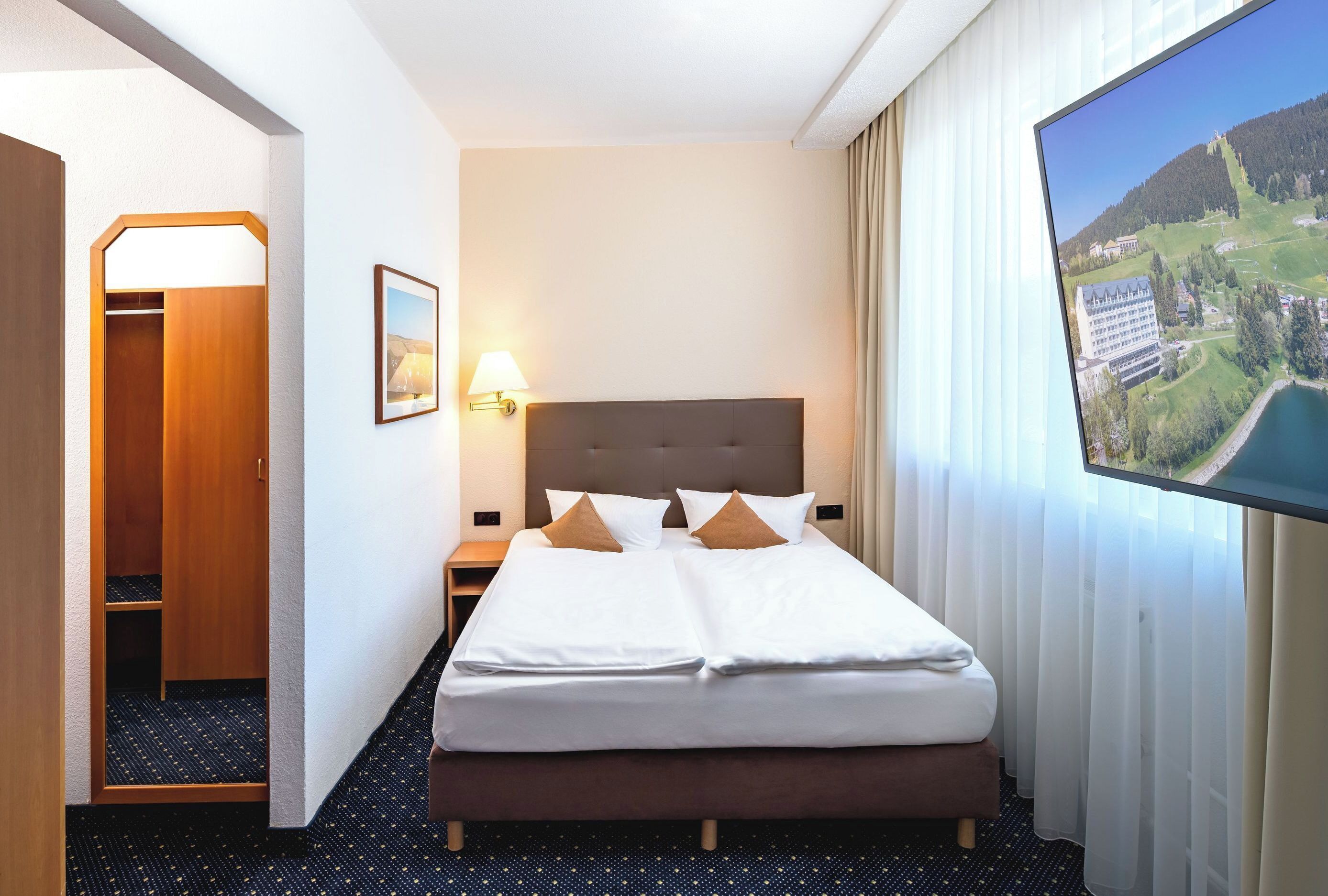 Habitación de hotel con una cama grande, una mesita de noche, una lámpara, un cuadro, un armario y vistas a una montaña y un lago.
