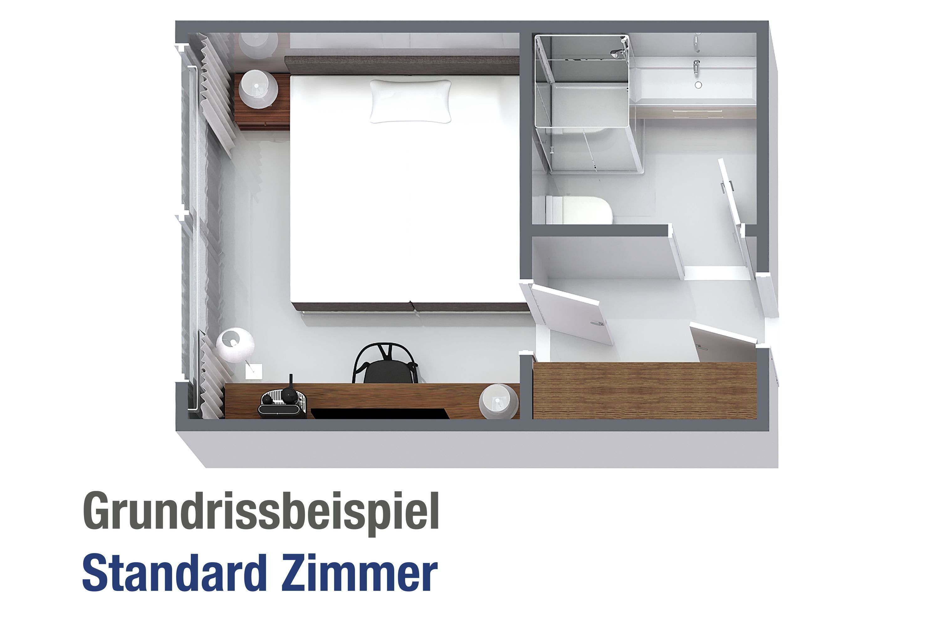 A standard room layout with a bed, bedside table, lamp, and a small seating area.
