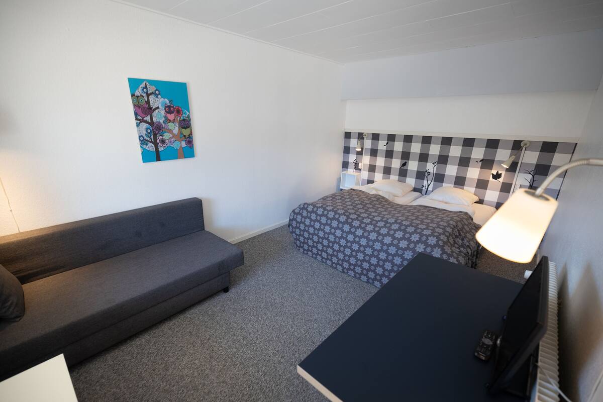 Une petite pièce, bien rangée, avec un lit, un canapé, un bureau et une lampe.